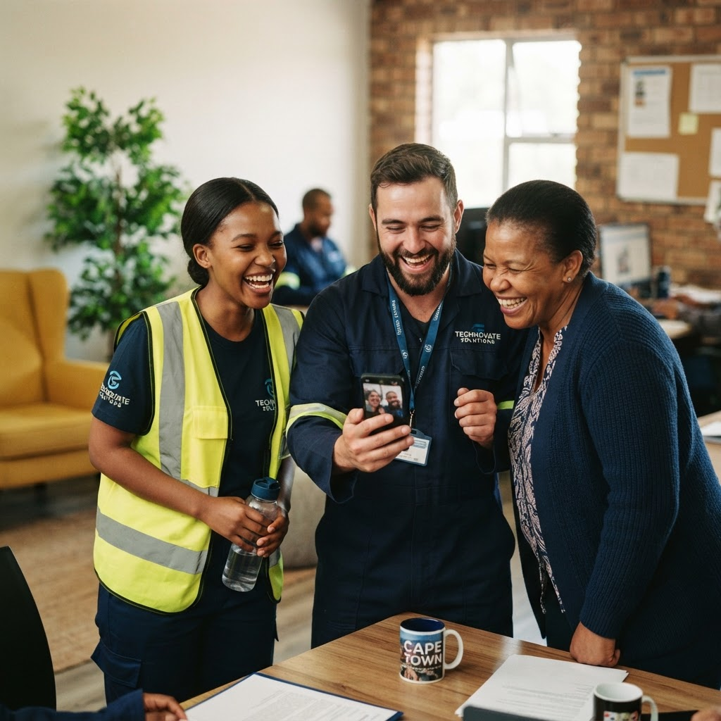 Colleagues smiling together while looking at a phone