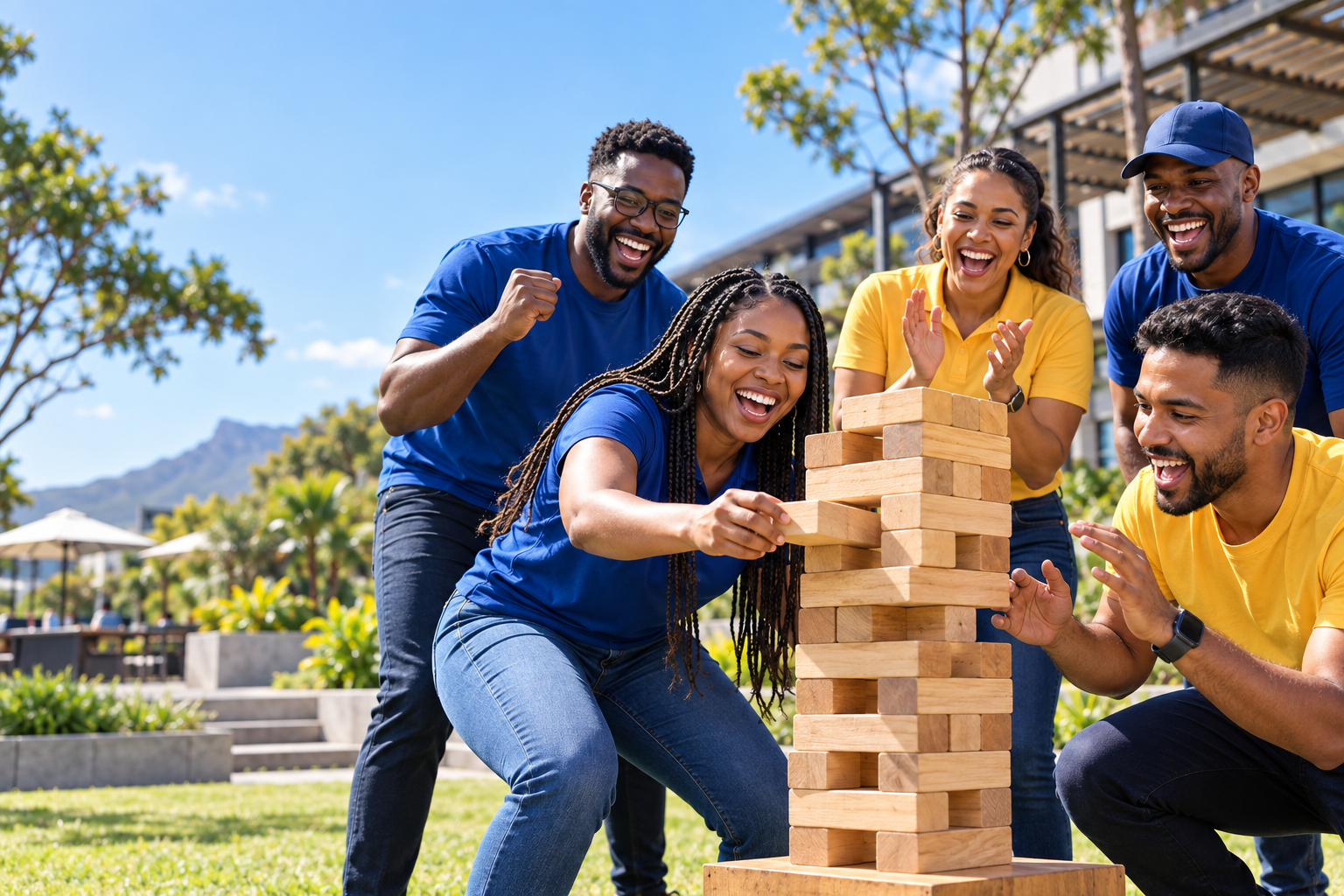 Colleagues laughing during a team game