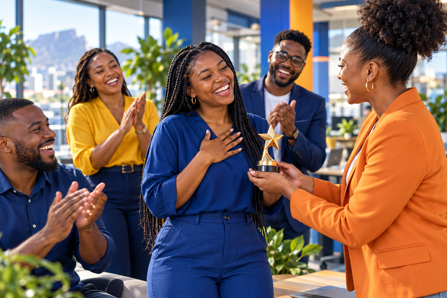 A colleague being congratulated by the team