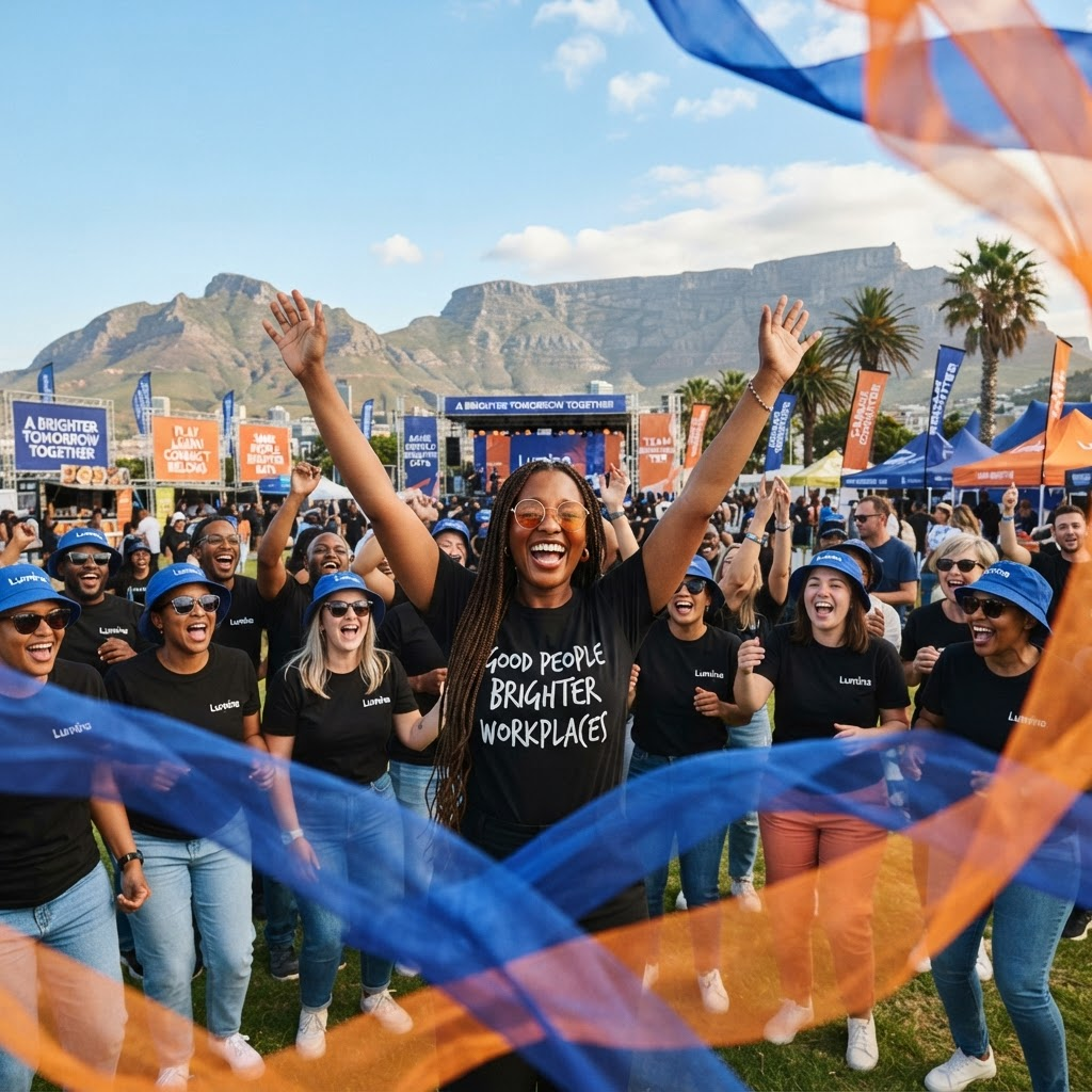 A diverse team of colleagues in black Lumina t-shirts cheering with joy at an outdoor festival, with blue and orange ribbons sweeping across the scene